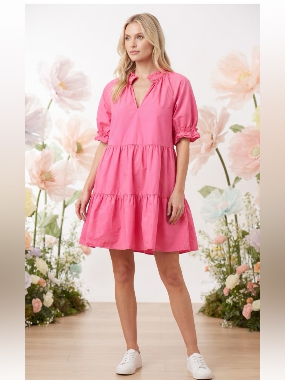 CROSBY by Mollie Burch Bright Pink Ruffle-Trim Tiered Midi Dress